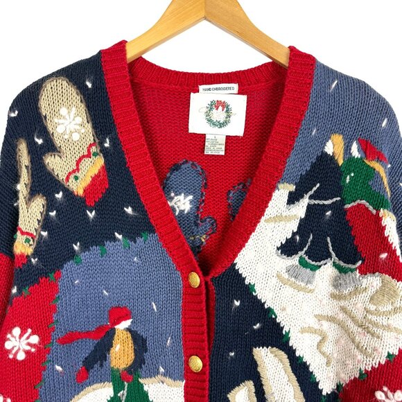 Christopher & Banks Vtg Y2k Ice Skating Cardigan Large Hand Embroidered Cotton - Picture 3 of 12
